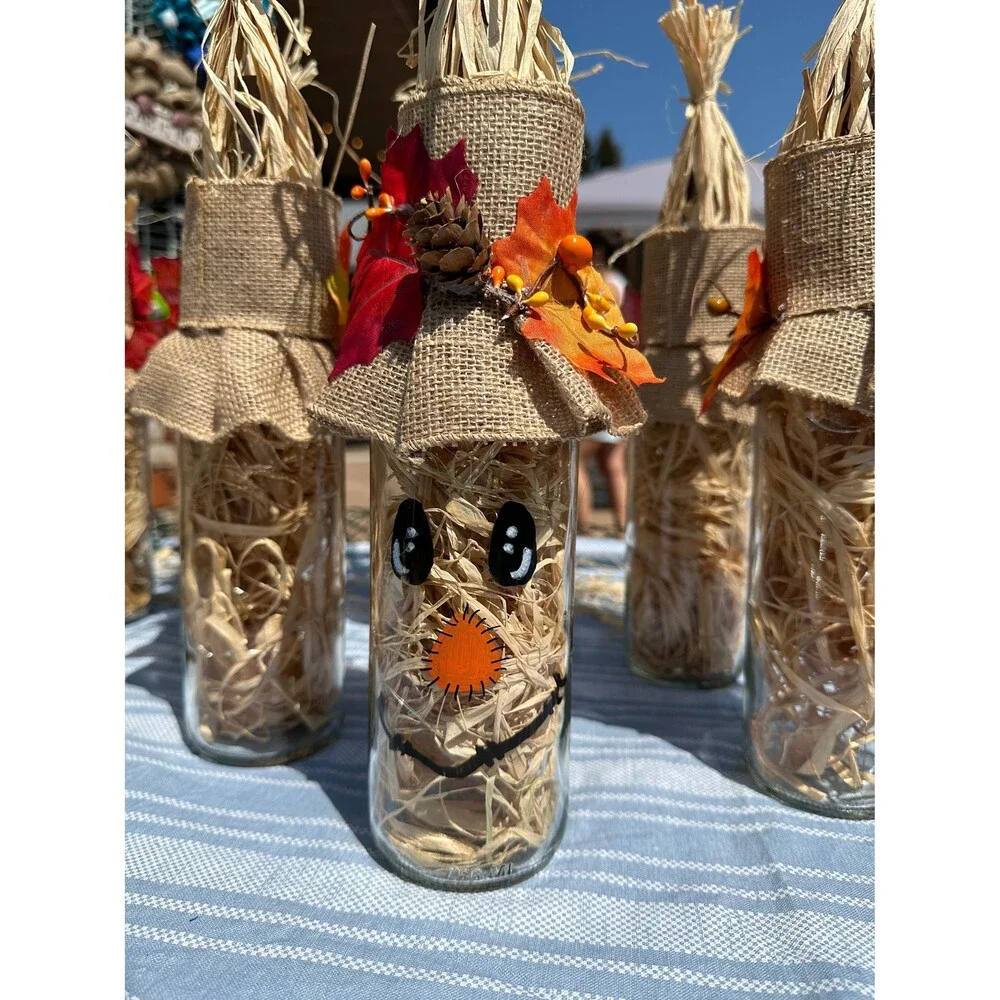 Light Up Scarecrow Bottle w/ Burlap Hat and Raffia “Straw” - New - Handmade